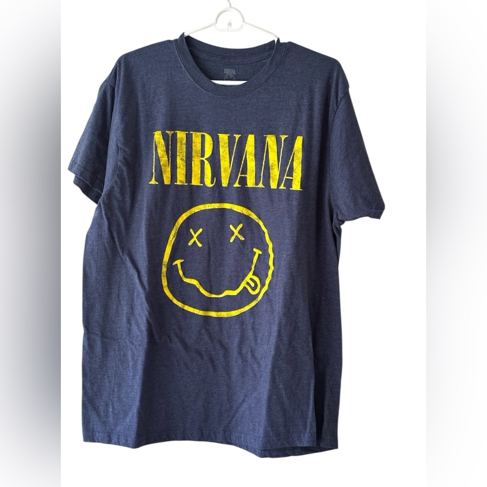 Nirvana Blue Graphic T-Shirt With Yellow Smiley Face Logo Size XL Cotton Blend